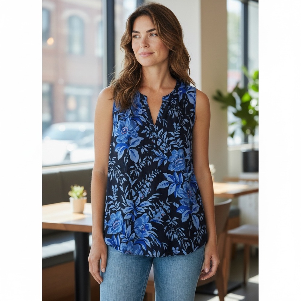 LOFT Blue Floral Sleeveless Blouse